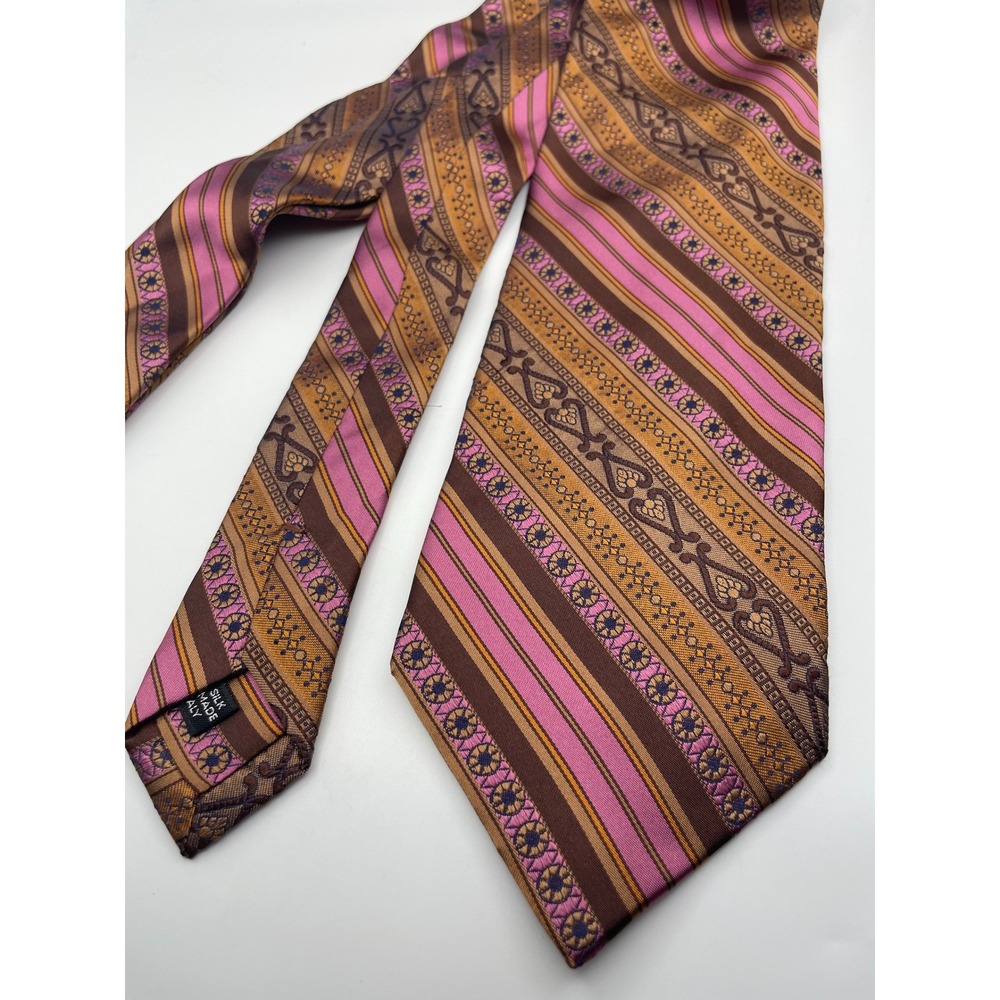 Barneys New York Silk Tie Pink Brown Gold Medallion Geometric Striped Italy Hand